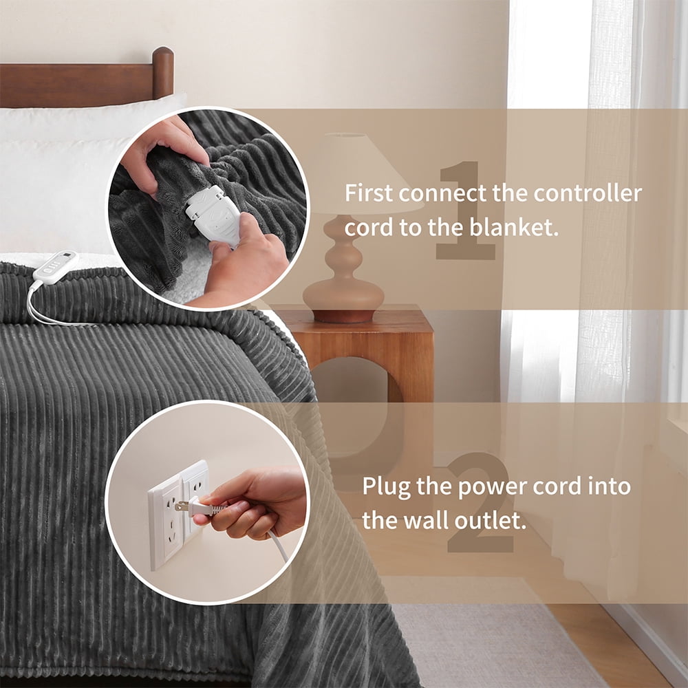 Sheet&Joy Heated Blanket Electric Grey Throw - 50"x60" Heating Blanket 8 Hours Auto-Off 8 Heat Level Over-Heat Protection Ribbed Flannel Sherpa Electric ETL Certification