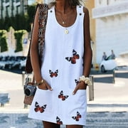 Podplug Women O-Neck Sleeveless Shoulder Clasp Butterfly Print Cotton And Linen Dress