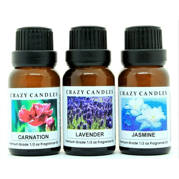 Crazy Candles 3 Bottles Set, 1 Carnation, 1 Lavender, 1 Jasmine 1/2 Fl Oz Each (15ml) Premium Grade Scented Fragrance Oils