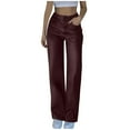 thumbnail image 6 of AHTJRT Women's Leather Pants Zipper Button PU Jeans Straight Wide Leg Trousers with Pockets Waterproof Motorcycle Pants Wine XL, 6 of 9