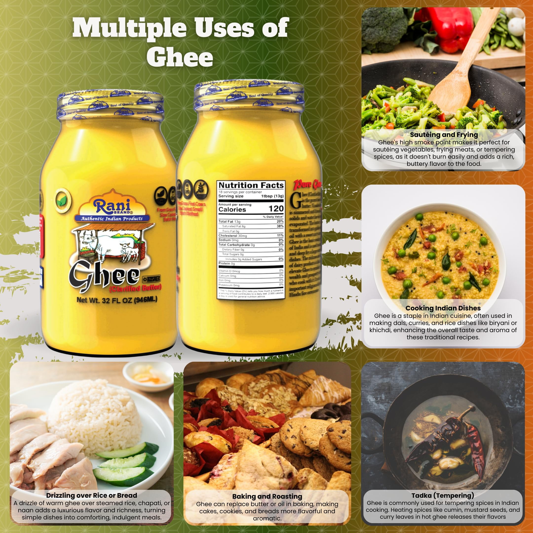 Rani Ghee Pure & Natural from Grass Fed Cows (Clarified Butter) 2lbs (32oz) ~ Glass Jar | Paleo Friendly | Keto Friendly | Gluten Free | Kosher | Product of USA