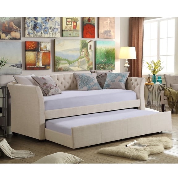 Beige Linen Tufted Daybed with Twin Size Trundle Bed, Upholstered Pull Out Guest Bed Frame, Multi-Functional Sofa Daybed for Guest Room Bedroom Small Apartment