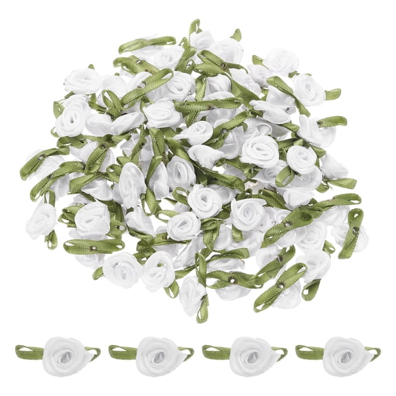Uxcell 100 Pcs White Ribbon Roses 5/8"x1-3/16" Mini Roses for Crafts Little Satin Bows Roses Artificial Flowers