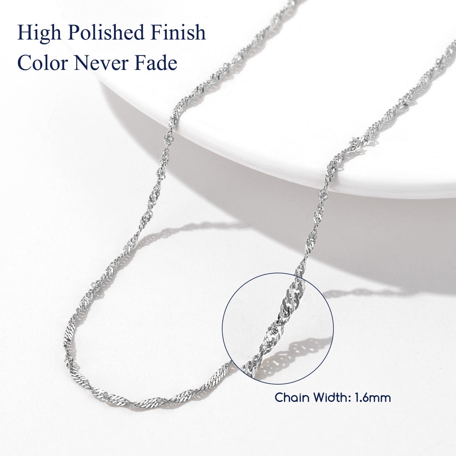 Suplight 925 Sterling Silver Women Necklace Waterwave Chain for Women 2mm 18"22" Slim Chain Jewelry Gift