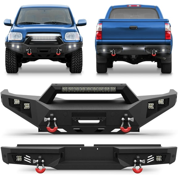 POFENZE Front and Rear Bumper Set for 2000-2006 Toyota Tundra Full-Width Off Road Steel Bumper w/Winch Plate, Lights, D-rings