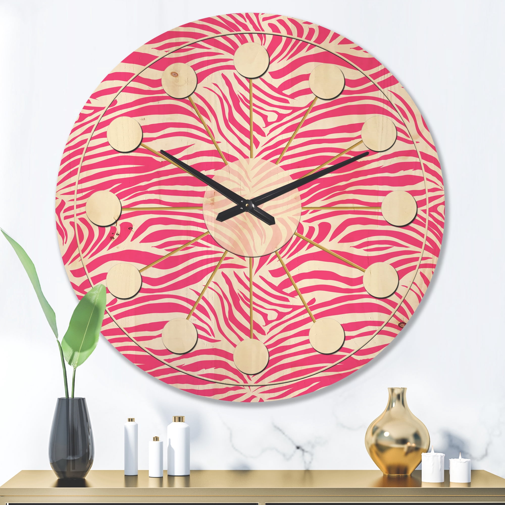 Designart 'Glamour Zebra Animal Pink Pattern' Mid-Century Modern Wood Wall Clock