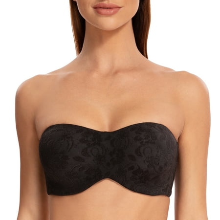 MELENECA Women s Unlined Strapless Bra with Underwire Minimizer for Large Busts Seamless Jacquard Fabric Black 38E