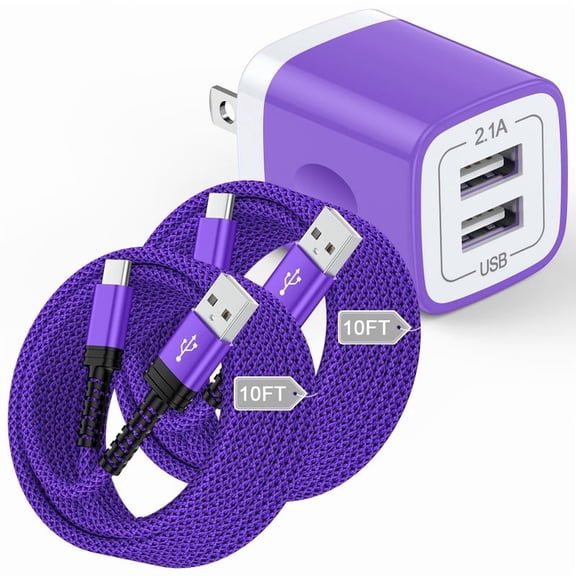 Dual-Port Wall Charger Block with 2 Pack 10FT USB-A to Type-C Braided Cables, Phone Charger Compatible with iPhone 17/16/15 Pro Max iPad Pro Galaxy S26 Android, Purple