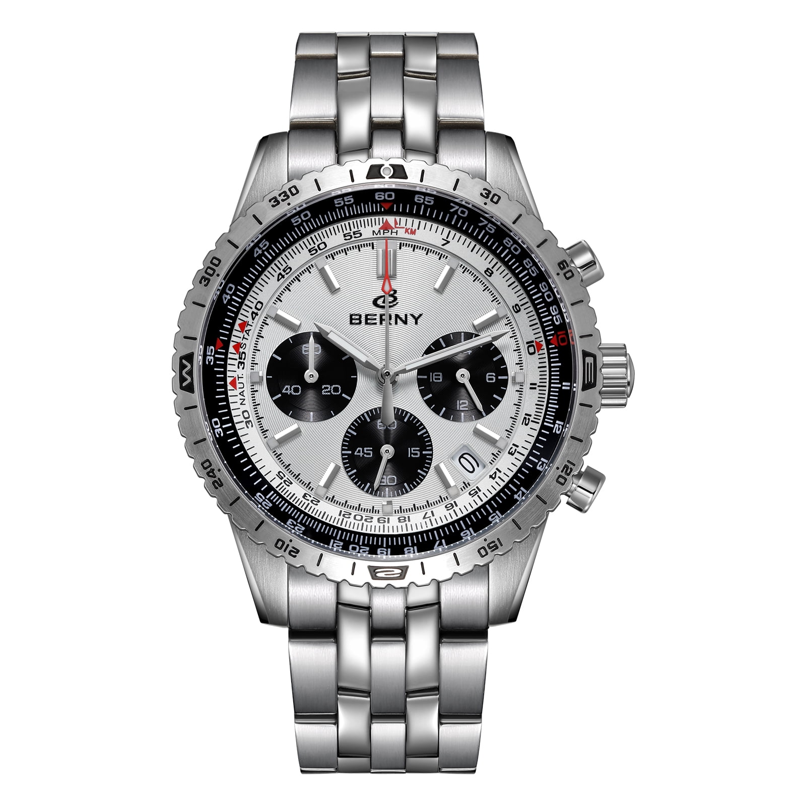 BERNY Silver Chronograph Watches for Men, Sport Luxury Analog Quartz Watch with Tachymeter, Stainless Steel, Waterproof, Luminous, Sapphire Crystal, Date Calender, Men's Wristwatch (White)
