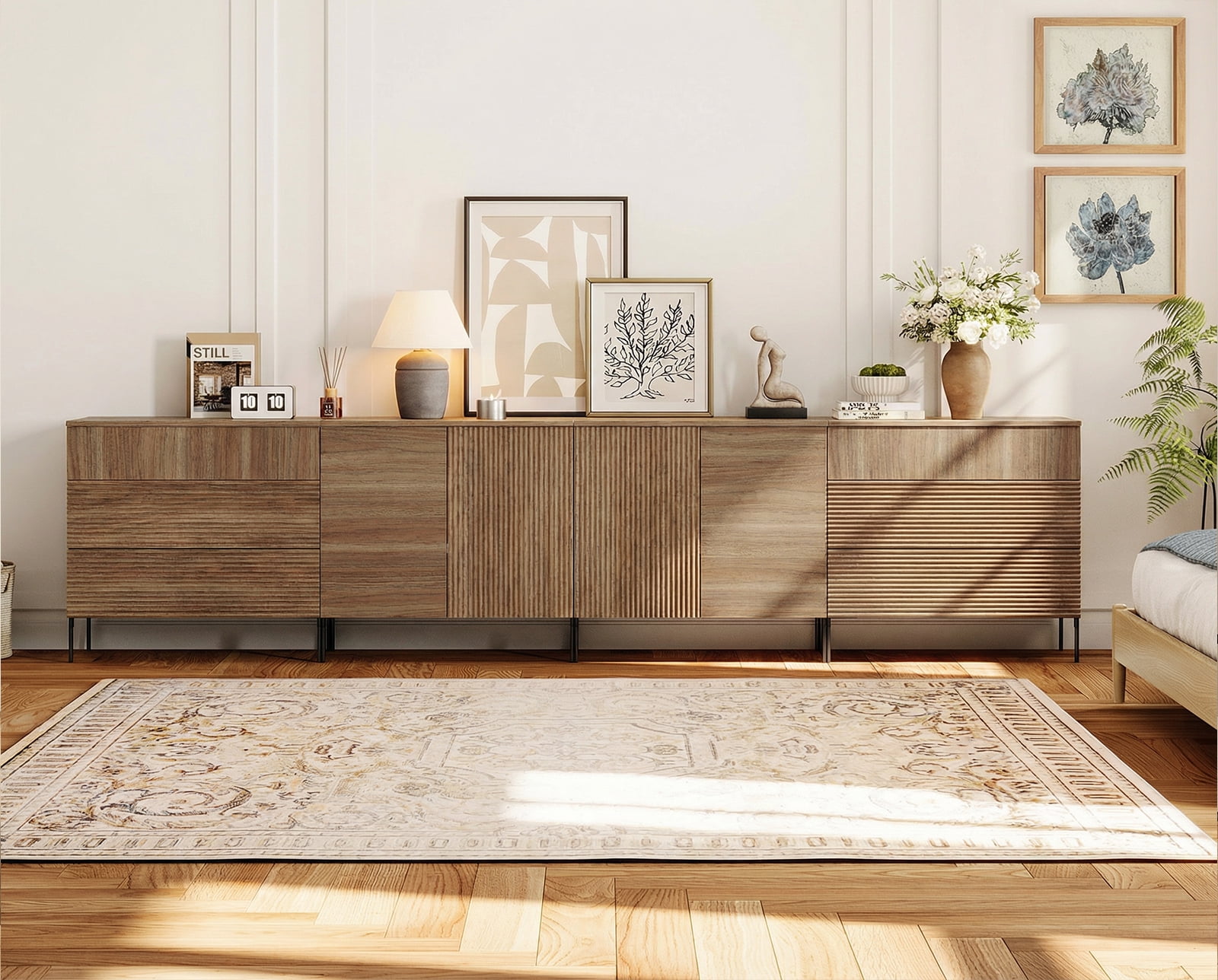 126" Modern Reeded 6-Drawer Dresser Set for Bedroom, Minimalist Chest of Drawers with Storage, Wooden Dresser for Living Room, Bedroom, Entryway