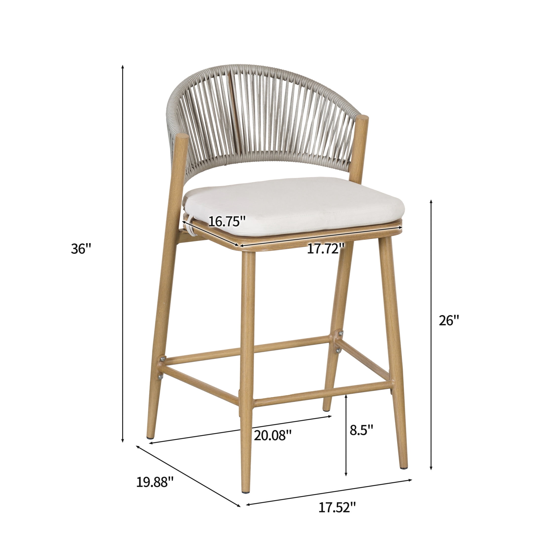 Amara Modern Outdoor Patio 26"H Counter Stools with Wicker Backrest, Aluminum Frame, Water-Resistant Cushion, Maple Finish, Set of 4