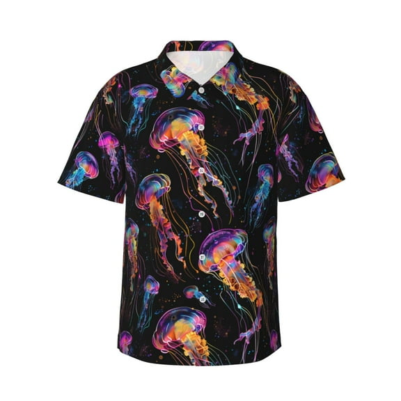 Men's Casual Short Sleeve Button-Down Hawaiian Shirts,Neon Jellyfish 3d Shirts Regular Fit Beach Summer Shirts