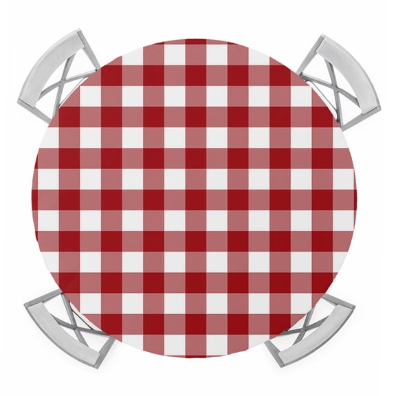 Farmhouse Buffalo Plaid Round Tablecloth for 36-44 Inch Tables, Fitted Table Cover with Elastic Edge, Red White Checkered Waterproof Outdoor Table Cloth Protector for Patio Garden Dinner Picnic