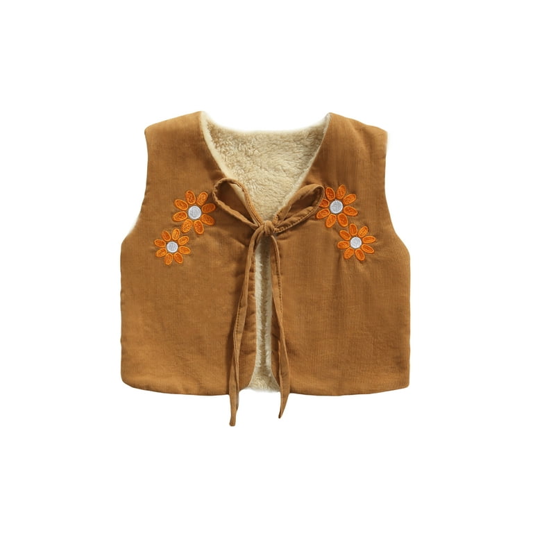 Binpure Girls Casual Reversible Waistcoat Khaki Floral Embroidery Pattern Tie up Vest for Winter