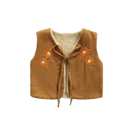

Yinyinxull Autumn Winter Baby Girls Reversible Waistcoat Outwear Khaki Floral Embroidery Tie-up Vest Outfits Khaki 4-5 Years