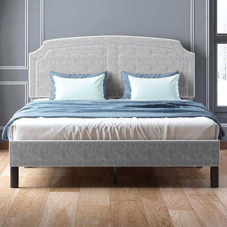 MUZZ King Bed Frame with High Headboard  Upholstered Platform Bed with Rivet Design  Wood Slat Support  Easy Assembly (King  Light Grey)
