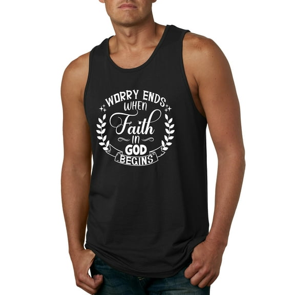 Wild Bobby Worry Ends When Faith In God Begins Inspirational/Christian Men Graphic Tank Top, Black, Small
