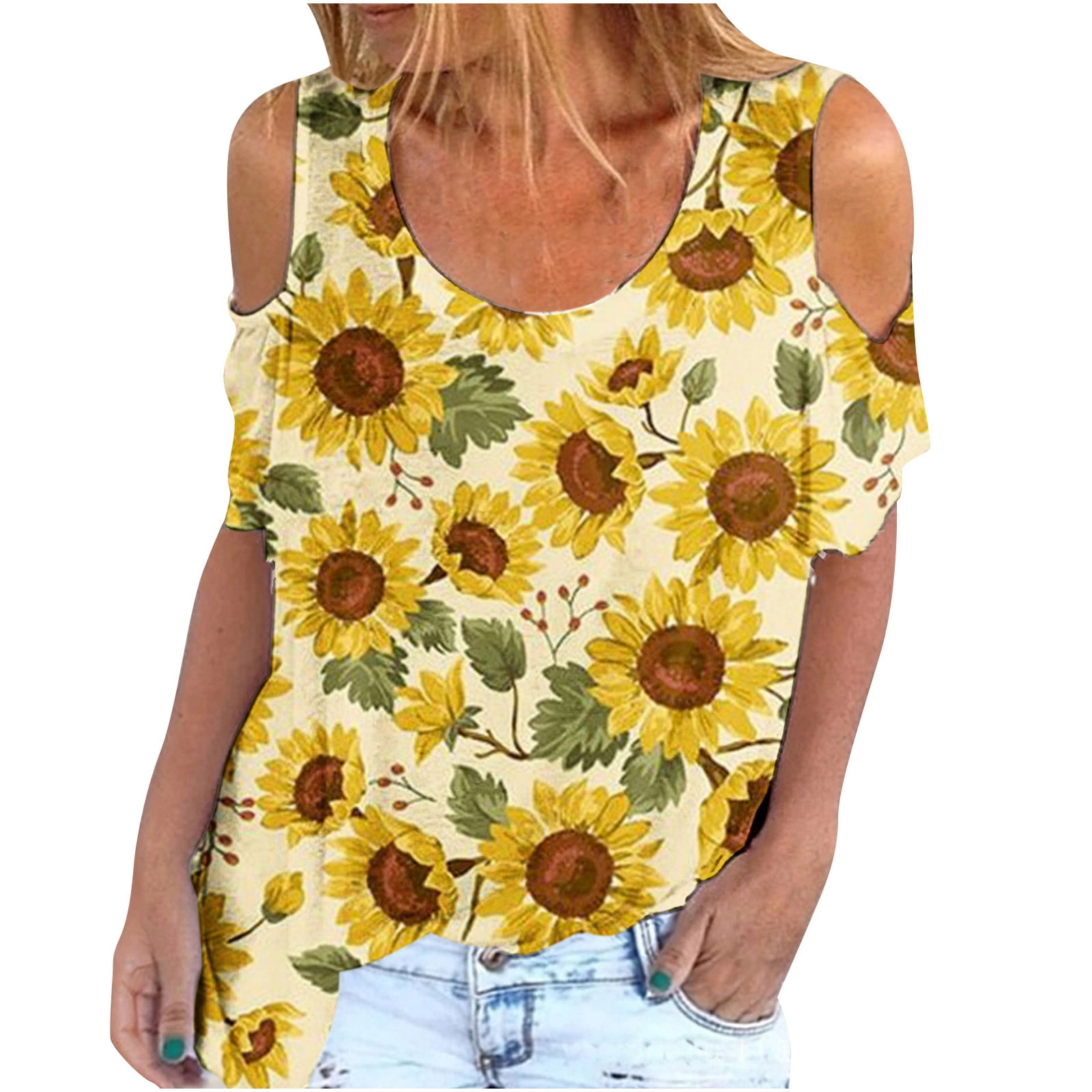 Womens Blouse Sunflower Printed Camis Loose Short Sleeve Tops Ruffles T-Shirt Chiffon Pullover Top Off Shoulder Shirt 