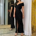 thumbnail image 4 of Fashion Shiny Deep V Shawls Bodycon Dress Women Elegant Off Shoulder Solid Long Dress 2024 Sexy Split Waist Evening Party Dress, 4 of 7