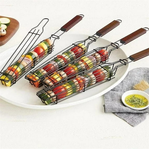 Grill Bot Outdoor Grill Robot - Kabob Grilling Baskets Lockable Iron Kebab Grill Grate with Wooden Handle