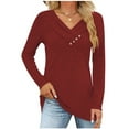 thumbnail image 2 of JGGSPWM Womens Solid T-shirts Long Sleeve Teen Ladies Pleated V Neck Button Decor Comfy Shirts Pullover Wine S, 2 of 9