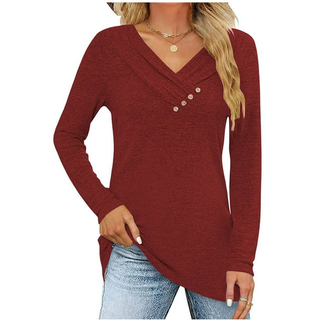 Birdeem Womens Fashion Casual Solid Color V-Neck Long Sleeve Button Top