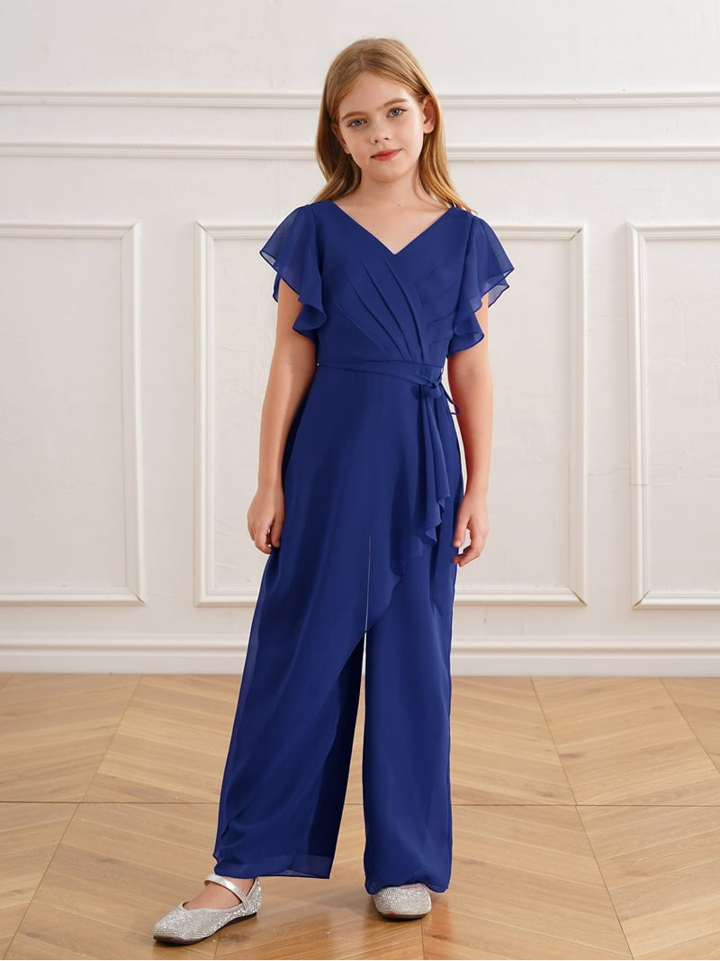 Bibiy SARAH RIBBON ROMPERS ネイビー Sxiwei Kids Flower Girls Pleated Chiffon Jumpsuit V-Neck Ruffled