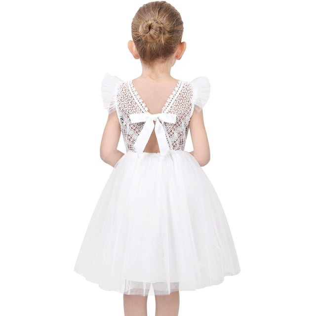 Vestido de Niña Encaje Blanco Cuello en V Manga con Volantes Tul Vestido de Boda de Noche 6 Años