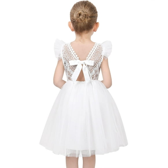 Vestido de Niña Encaje Blanco Cuello en V Manga con Volantes Tul Vestido de Boda de Noche 6 Años