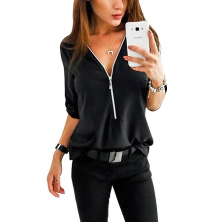 Oversized Women Plus Size Office Zipper V Neck Blouses Shirts Loose Baggy Roll-Up Long Sleeve Zip T-shirt Work Top S-5XL