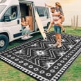 thumbnail image 2 of Garvee 9'x12' Outdoor Rug Waterproof Plastic Straw Rug, Reversible Camping Rugs Camping RV Mat Outside Vintage Diamond Carpet for Patio Deck Backyard Beach Picnic, Black, 2 of 6