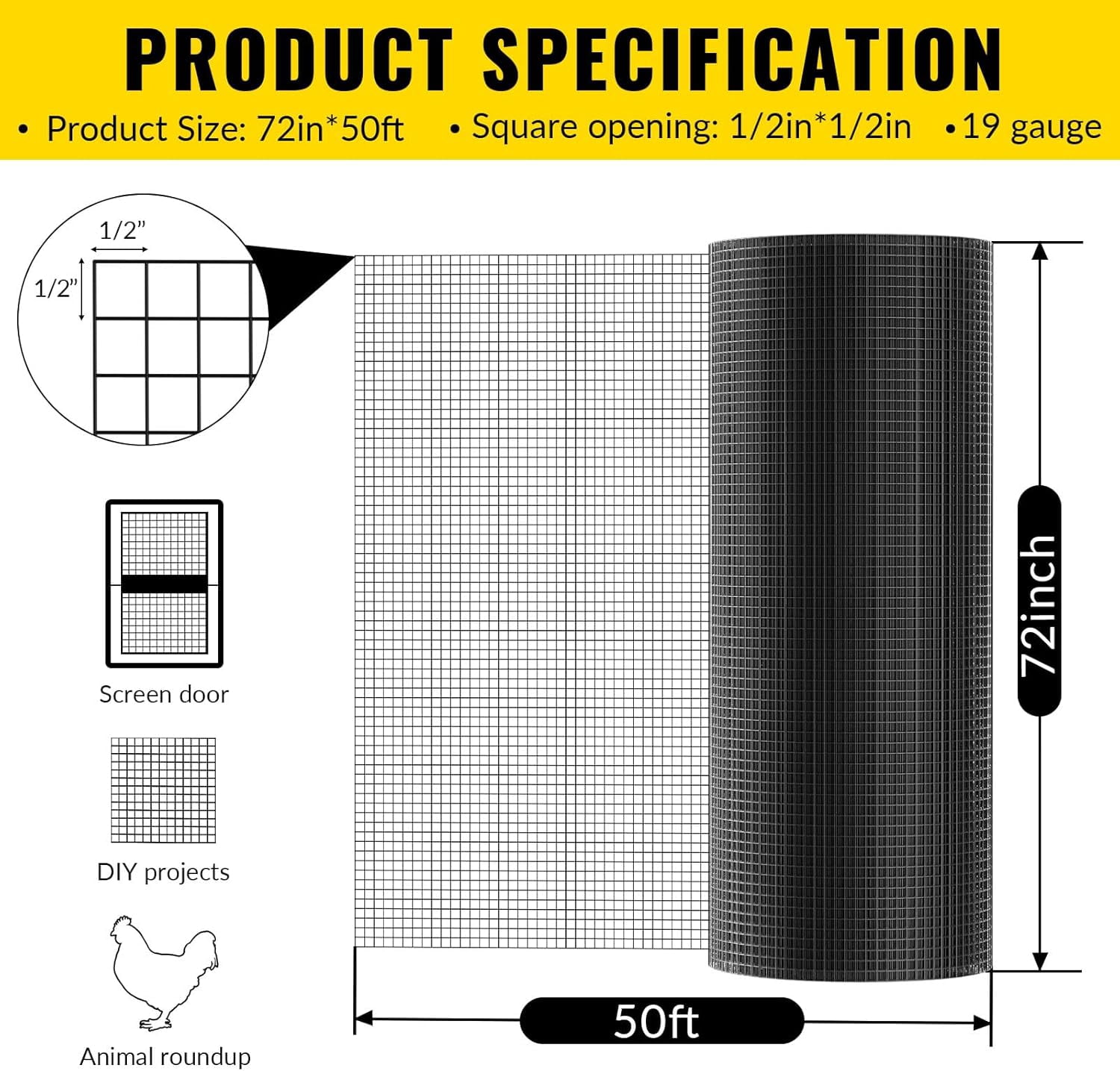 DWALE 72"x50' Black Vinyl Coated Hardware Cloth, 1/2" Mesh 19 Gauge Wire Mesh for Garden & Home Projects