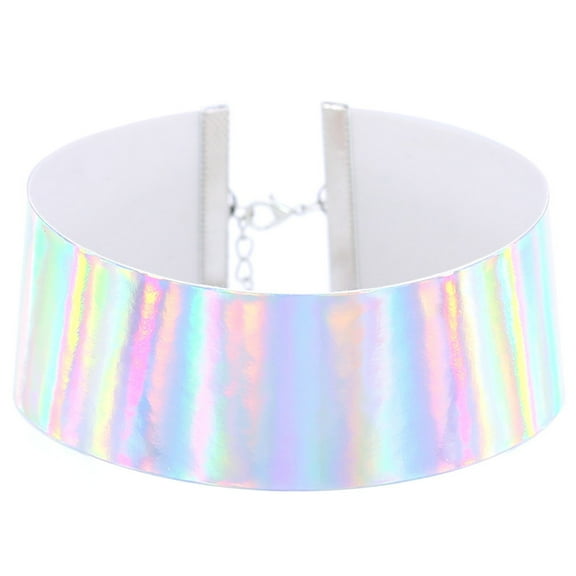 Grandest Birch Unique Holographic Choker Women Handmade Laser Rainbow Punk Gothic Necklace Laser Faux Leather, Alloy White
