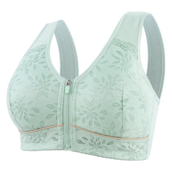 Gyexs Women's Jacquard Zipper Sports Bra Wireless Comfort Yoga Support Breathable Sleep Wear Bras for Older Women, Green, Size 42