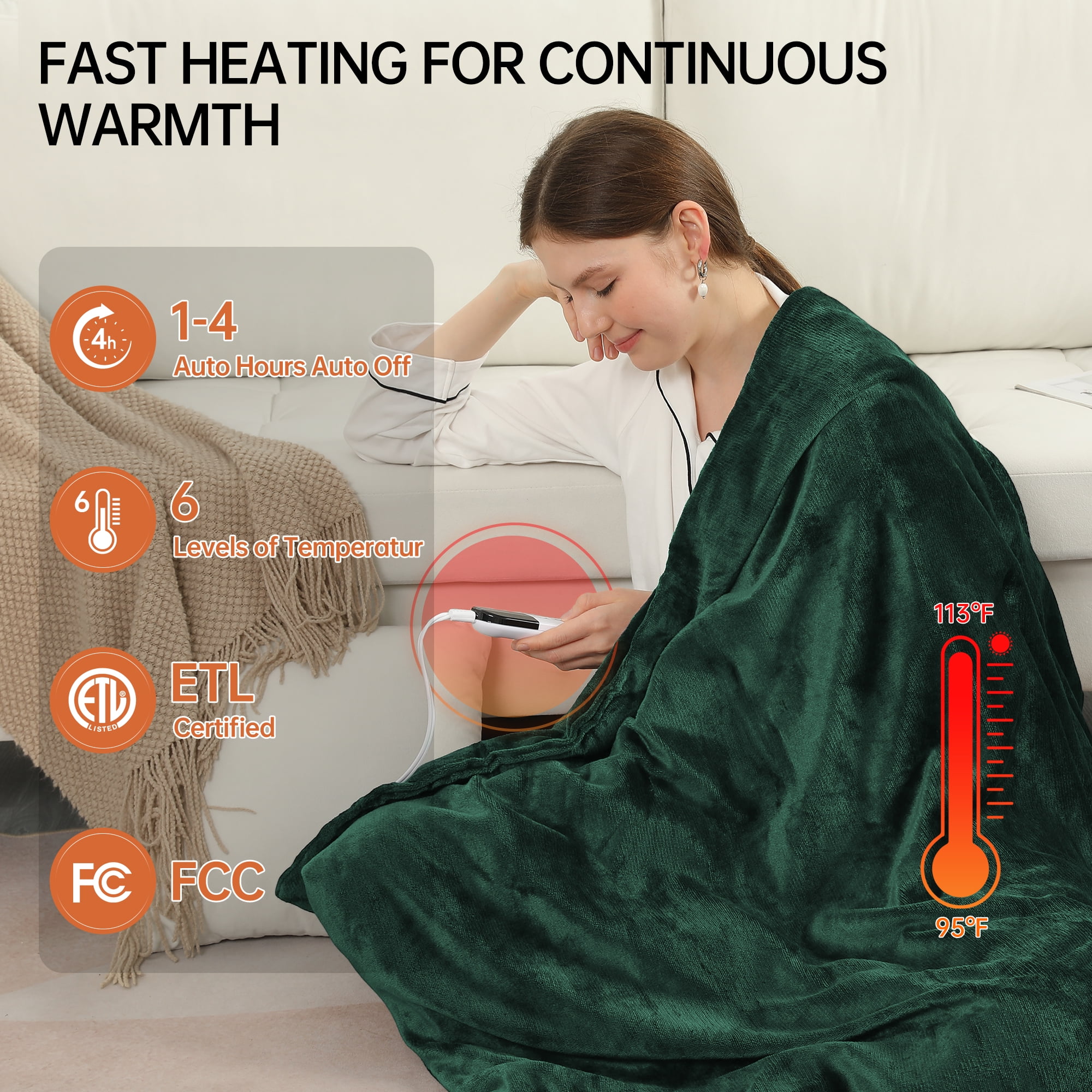 TRUSTWARMTH Electric Heated Blanket Throw 50"x60" with 6 Heating Levels 4 Hours Auto off Fast Heating Over-Heated Protection Ultra Soft Warm Flannel,Warm Gifts,Green