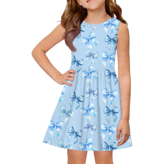 Grblisyd Girls Dresses Size 10-12 Coquette Bow Print Ruched Dresses Casual Crew Neck Sleeveless Priness A-line Dress