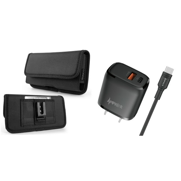 Holster and Wall Charger Bundle for Samsung Galaxy A23 5G: Horizontal Rugged Nylon Belt Pouch Case (Black) and 38W Dual Port (Power Delivery PD Type-C and USB-A) Power Adapter