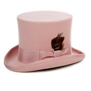 Ferrecci Satin Lined Pink Wool Top Hat with Grosgrain Ribbon and Removable Feather - Unisex, Men, Women (X-Large 61cm-7 5/8)