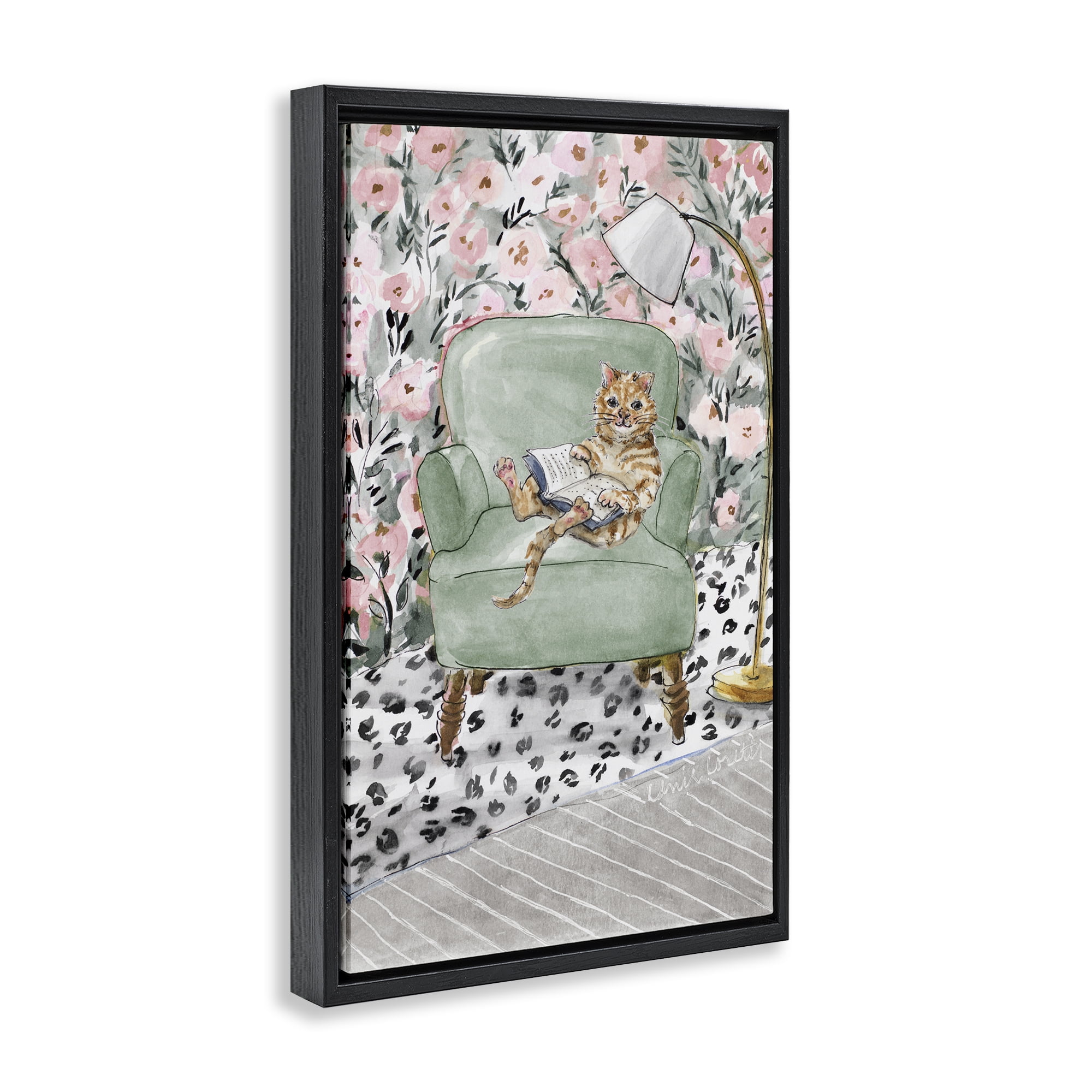 Stupell Industries Cozy Cat Reading Black Framed Floater Canvas Wall Art, design by Lanie Loreth