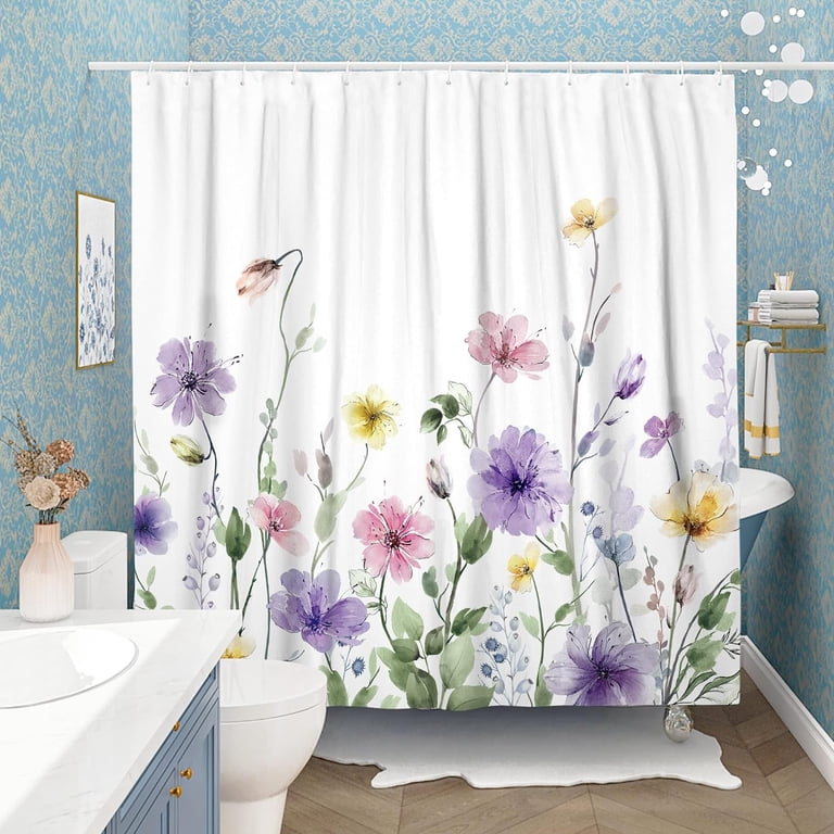 Purple Grey Watercolor Floral Shower Curtain - Waterproof Polyester, 72x72 Inches With 12 Hooks