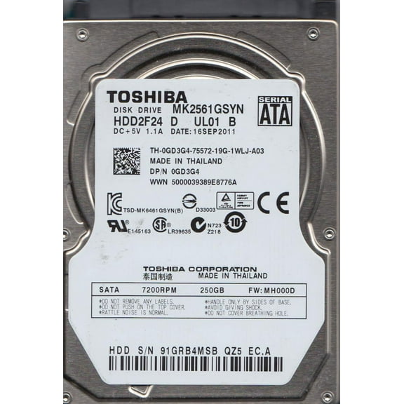 MK2561GSYN, MH000D, HDD2F24 D UL01 B, Toshiba 250GB SATA 2.5 Hard Drive