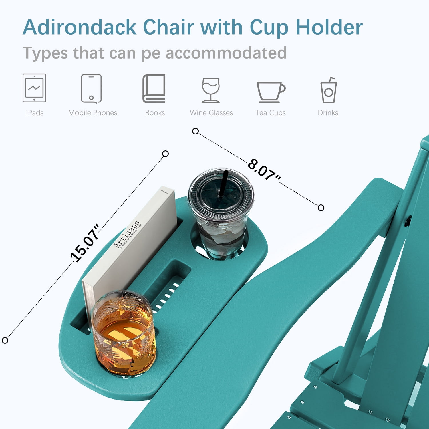 FOOWIN Adjustable Backrest Folding Adirondack Chair Set of 2, HDPE Weather Resistant Adirondack Chair with Cup Holder, Fire Pit Chair, Lake Blue