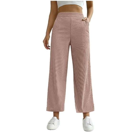 Pull-on Trousers for Women Solid Corduroy Straight Wide Leg Pants with Pockets Fall Winter Baggy Daily Lounge Pants