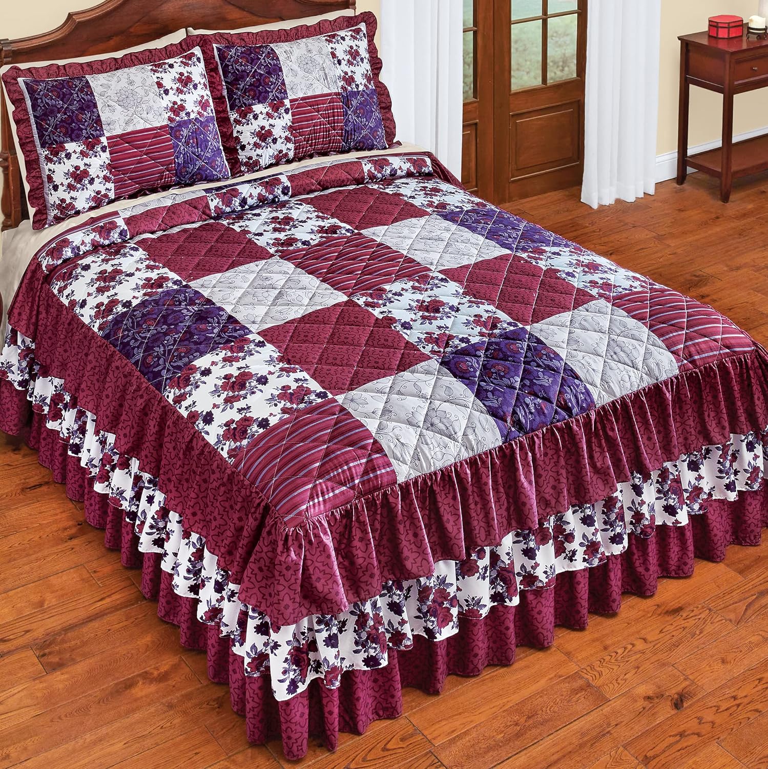 LiTian Etc Patchwork Style Quilted and 3-Tier Ruffled Bedspread