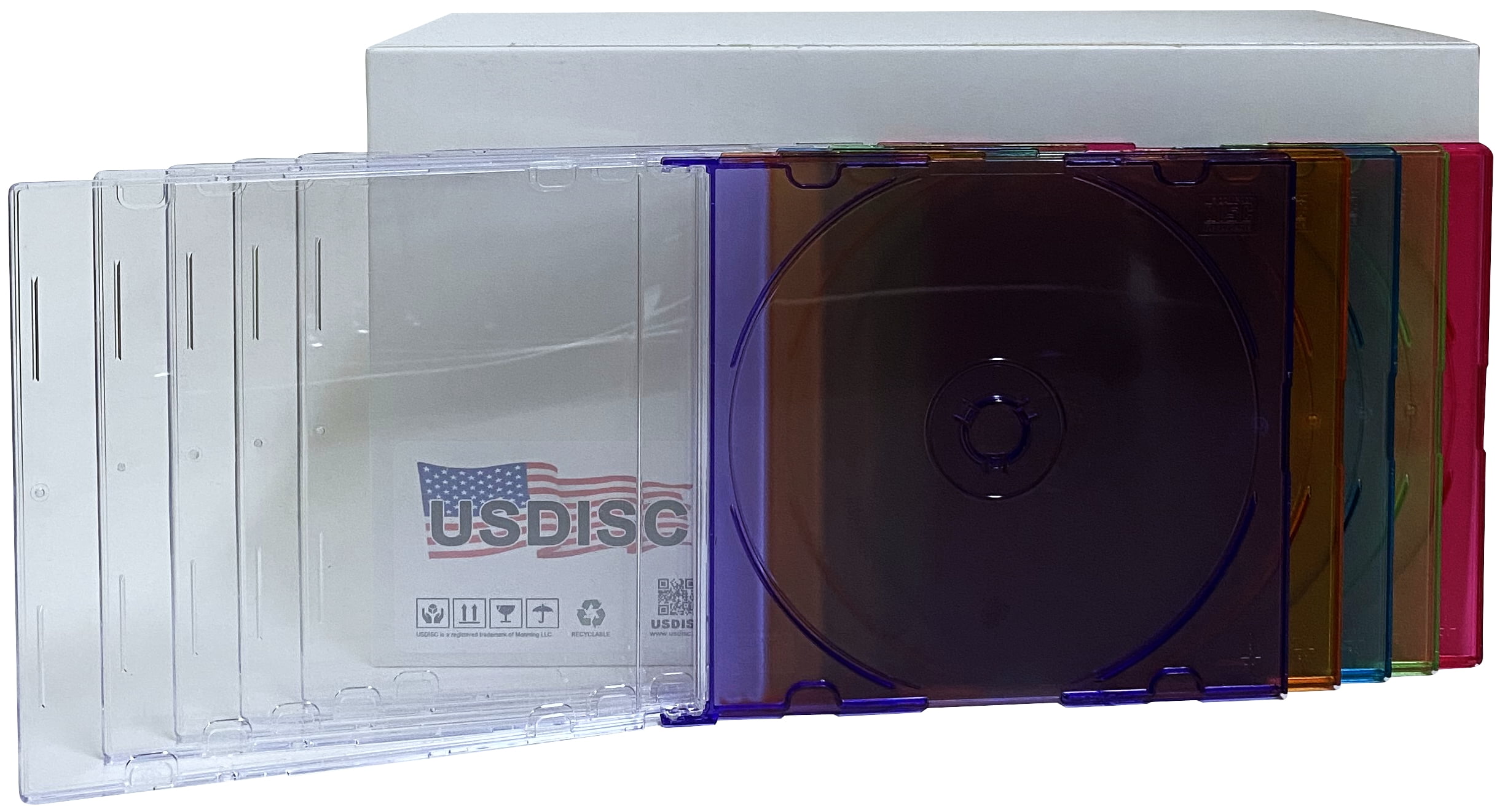 USDISC CD Jewel Cases Slimline 5.2mm, Single 1 Disc, Multicolor, Pack Of 25