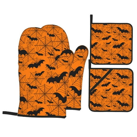 

Oven Mitts and Pot Holders Sets 4 pcs - halloween bats Heat Resistant Silicone Oven Gloves with Non-Slip Silicone Surface and hot pads for kitchen Baking Cooking BBQ