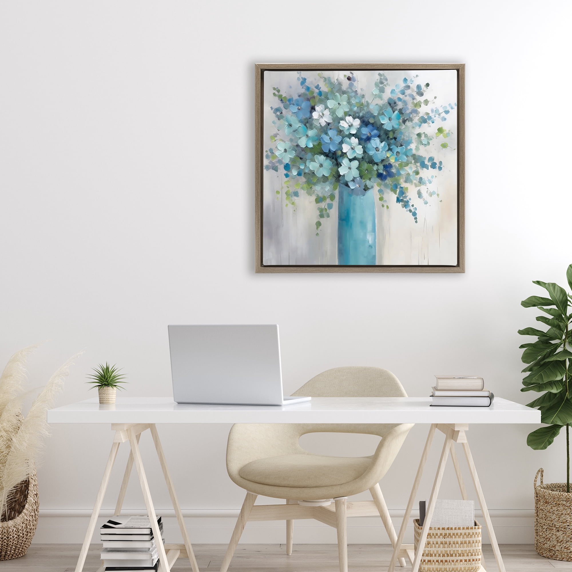 Stupell Industries Indigo Bouquet in Blue Vase Brown Framed Floater Canvas Wall Art, design by Creative Studio