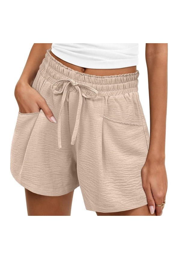 Shorts for Women Lightweight Straight Leg Regular Fit Elastic Waist High Waist Womens Summer Shorts Beige Size M