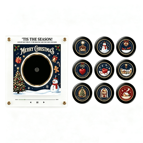 Christmas Magnet Mini Vinyl Record Player with 9 Discs, Interactive Festive Decor Magnet, Space-Saving Kitchen Ornament, Novelty Christmas Gift for Family