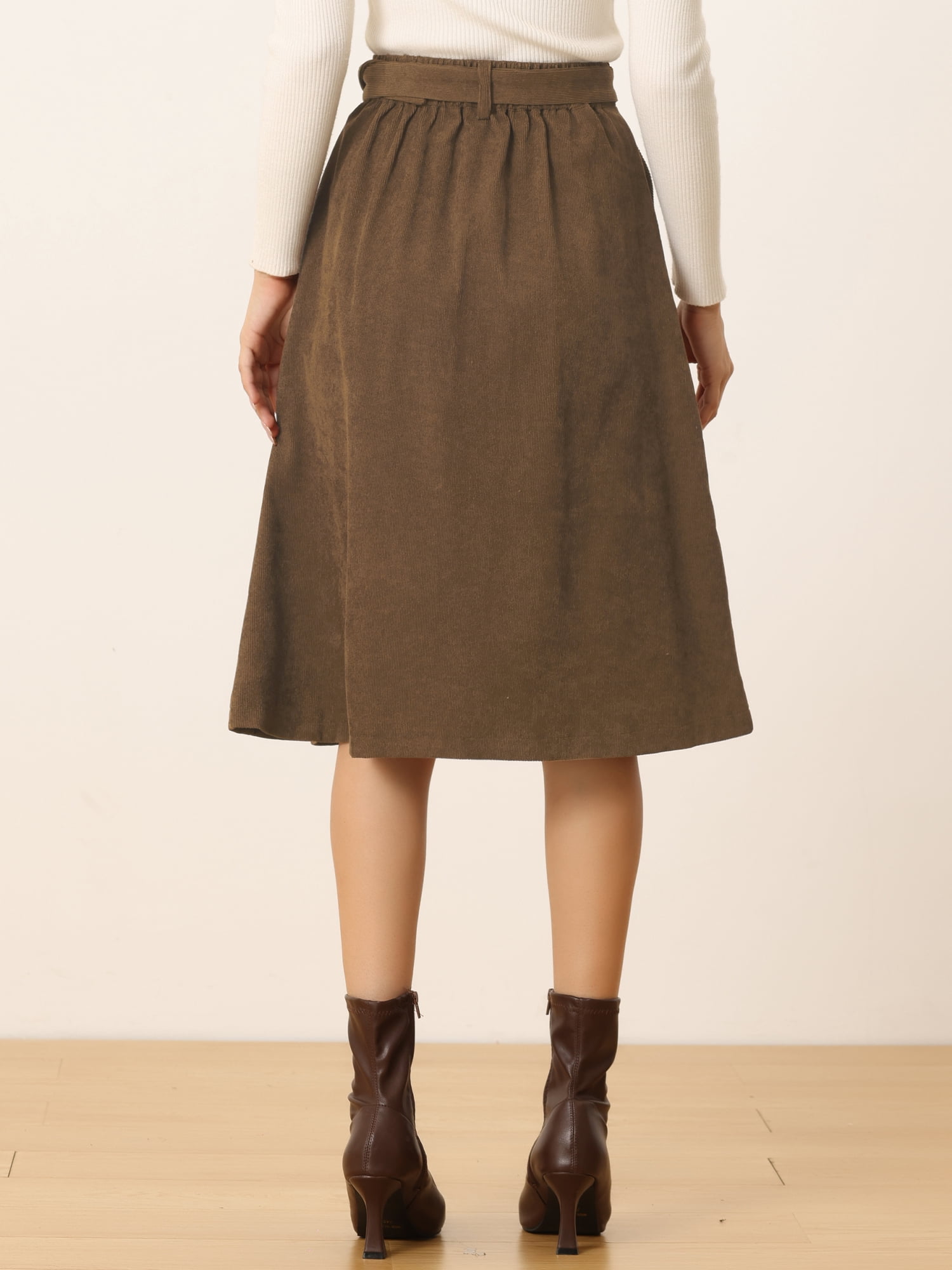 DARING DIVA Women's A-Line Button Front Belted Midi Skirts S Coffee